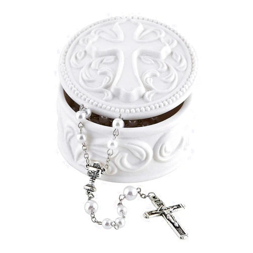 Autom White Porcelain Cross Rosary Jewelry Box, 2 3/4 Inch