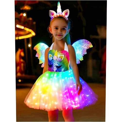 SHINYOU Girls Unicorn Costume, Rainbow Unicorn Dress, LED Light Up Unicorn Tutu with Wing for Halloween Birthday Gift