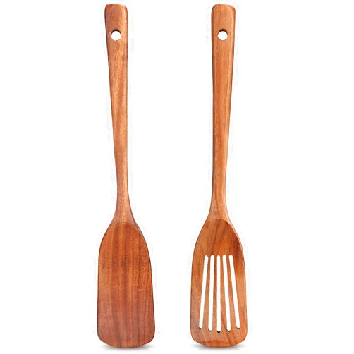 Ayiaren 2 Pack Wooden Non Toxic Spatulas for Kitchen Utensils Set Acacia Wood Cooking Spatula Flat Wok Pancake Turner Bamboo Slotted Spoon for Cooking Utensil Spurtle Scraper Long Fish Egg Flipper Spatulas