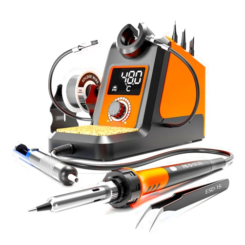 MEAKEST Digital Soldering Iron station Kit, 2 Auxiliary Clamps, 5 Soldering Iron Tips, Solder Wires, Solder Suckers, Stainless Steel Tweezers, and a Phillips Start, soldering station