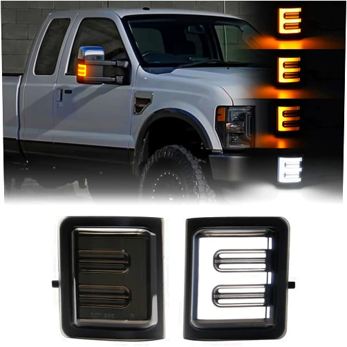 Aexploer LED Tow Mirror Turn Signal Lights Compatible with F250/F350/F450/F550 2008 2009 2010 2011 2012 2013 2014 2015 2016 | White DRL & Yellow Turn Marker (Blink Smoked Lens)