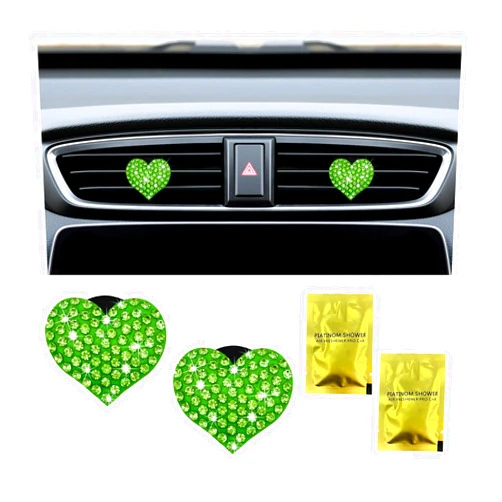 Ziciner 2PCS Bling Heart Car Air Vent Clips Charms, Heart Shaped Crystal Air Freshener Vent Clips, Rhinestone Air Conditioning Outlet Clip, Car Decor Accessories for Women Girls (Green)