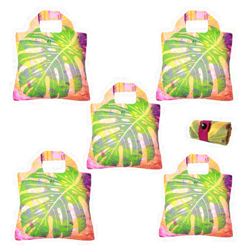 Envirosax Reusable Grocery Bags- Eco-Friendly Travel Tote Set of 5 Havana Monstera