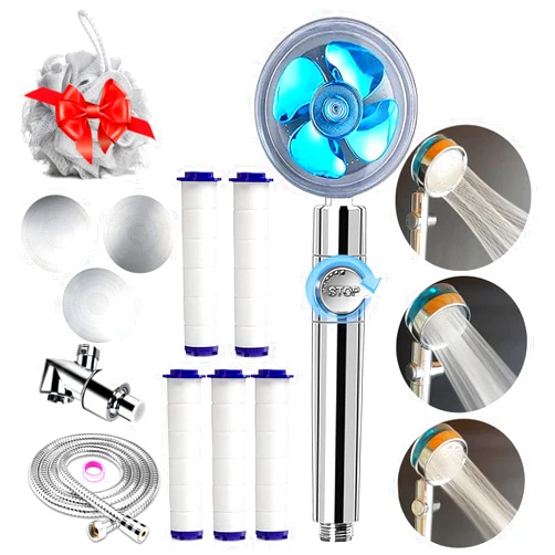 Vphom Hydro Jet High Pressure Shower Head Turbocharged Shower Head Handheld Turbo Fan Shower Kit with Replacement Hose/Bracket/Cotton Filters and Bath Loofah, 3 Water Panels for Different Experience