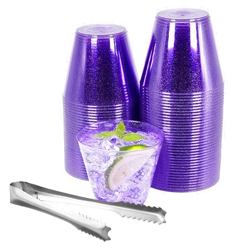 Sobel & Gala 100 Purple Glitter Plastic Cups and 1 Silver Ice Tong Set - 9 Ounce Disposable Cocktail Glasses - Plastic Wine Cups - Purple Party Decorations - Purple Party Supplies
