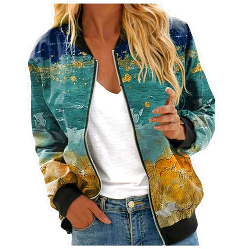 Generic Bomber Jacket Women 2024 Trendy Causal Floral Zip Up Coat Long Sleeve Stand Collar Fall Jackets Lightweight Outerwear