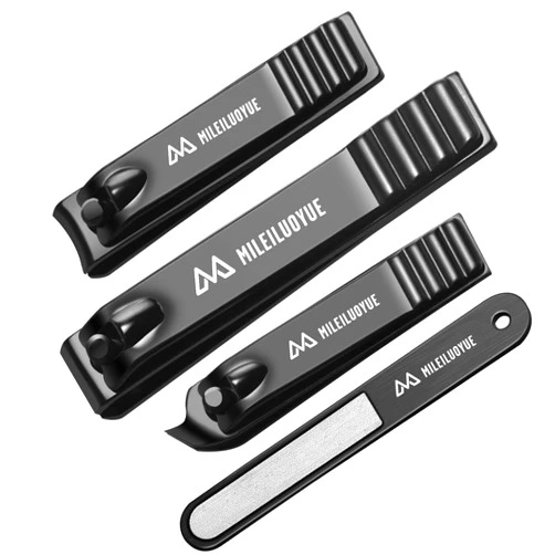 MILEILUOYUE Nail Clippers Set Black Stainless Steel Nail Cutter& Sharp Oblique Toe Nail Clipper & Nail File 4 Pieces, Metal tin Box for Men and Women Suitable for Gifts.