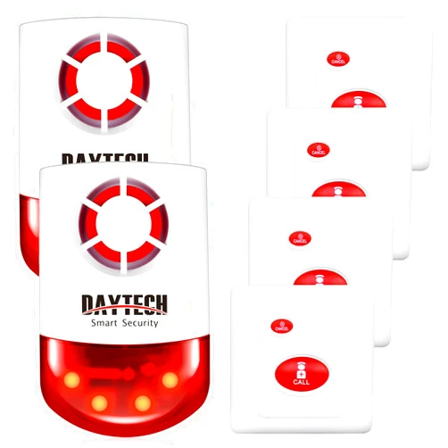 Daytech Strobe Siren Panic Alarm Button Siren Alarm with Light for Home Caring Loud Outdoor SOS Alert System 2 Red Flashing Siren and 4 Emergency Button for Store Hotel Jewelry Shop Security