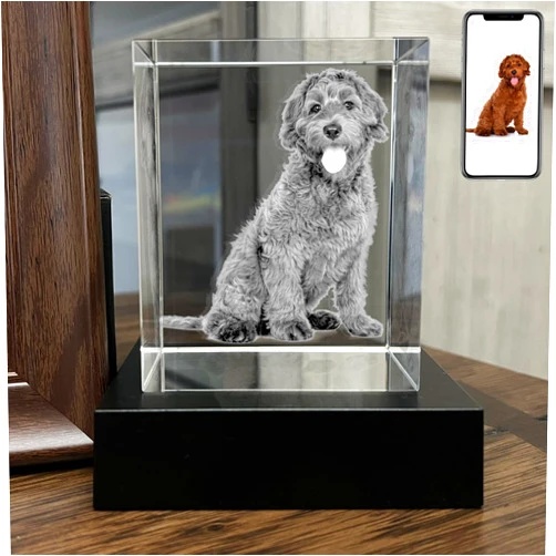 PD 3DPIXDANCE Personalized Dog, Cat Memorial Gifts for Pet Owners. Gift Box Included, Customized Laser Etched Crystal Photo (Medium-Portrait)