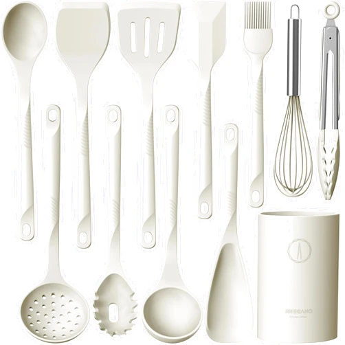 USECANO Silicone Cooking Utensils Set - 600°F Heat Resistant, Nonstick Kitchen Utensil Set with Spatulas, Spoons, Whisk, Tongs, BPA Free, Dishwasher Safe, Cream White