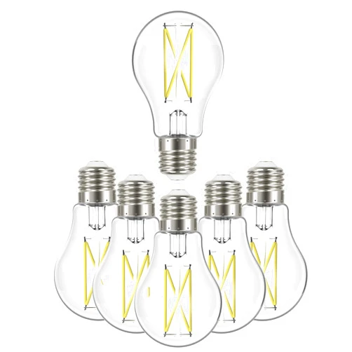 Satco Dimmable Led Filament Lamps, S12415, High Lumens, 8 Watt, A19; Clear; Medium Base; 3000K; 90 CRI; 120 Volt for use at Residential, Hospitality, Display and Commercial (6 LED Light Bulbs)