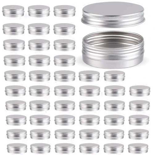 OBKJJ 48 Pcs Aluminum Round Cans with Lid, 2 Oz Metal Tins Food Candle Containers with Screw Tops for Crafts, Food Storage, DIY (Silver)