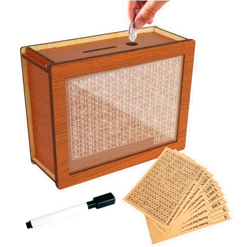 CIFOVALE 10000 Savings Challenge Box, Wooden Cash Money Vault Saving Box for 10000 5000 3000 2000 1000 500 Dollar Saving Challenge Money Bank with Dry Erase Pen, Savings Tracker