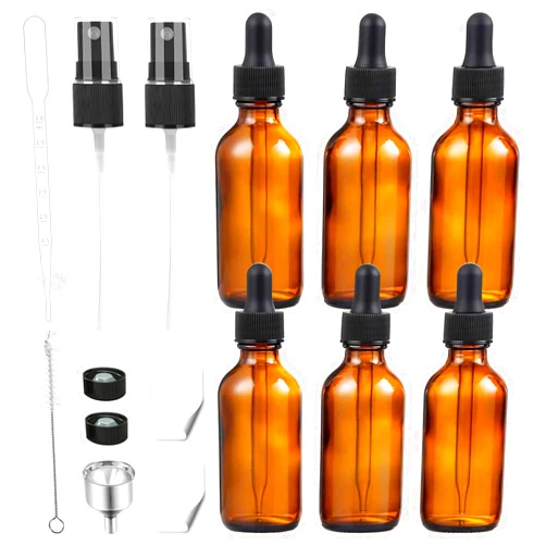 FLORL OCEAN 6Pcs 2 oz Dark Amber Dropper Bottles, 60ml Glass Tincture Bottles with Dropper, 1 Funnels, 2 Nozzles, 1 Long Plastic Dropper, 2 Bottle Caps, 2 Labels, Eye Dropper Bottle for Liquids, Essential Oils