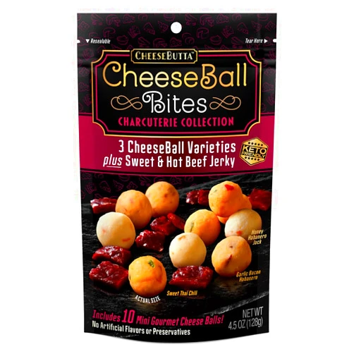 CheeseButta Keto & Gluten Free CheeseBall Bites- 3 Varieties + Sweet & Hot Beef Jerky Honey Habanero, Sweet Thai Chili, Garlic Bacon Habanero Charcuterie, Wine Tastings, Parties (4x Packs - 4.5oz each)