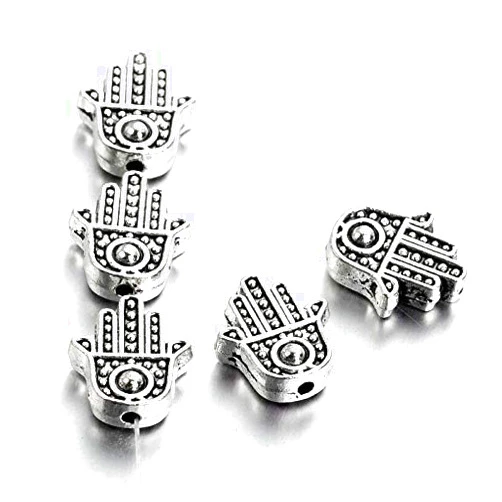 VKWE Beads , Jewelry Making, 50Pcs Tibetan Alloy Hamsa Hand Metal Beads Textured Antique Silver Spacers 12Mm