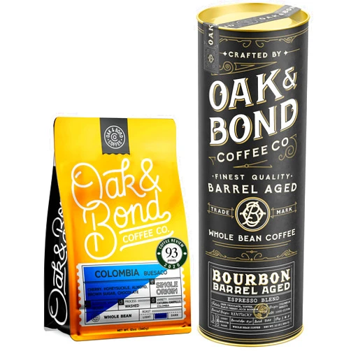 Oak & Bond Coffee Co. Colombia Single Origin and Espresso Bourbon Barrel Aged Coffee Bundle, Whole Bean Arabica - 22oz. Total
