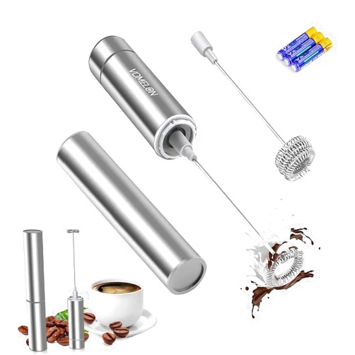 VOMELON Milk Frother Handheld, Battery Operated Travel Coffee Frother Milk Foamer Drink Mixer with 2 Stainless Steel Whisks for Hot Chocolate, Batteries Included, Silver