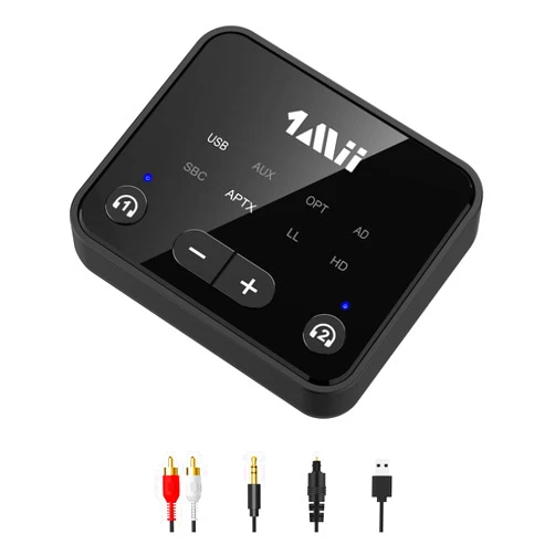 1Mii Bluetooth 5.3 Transmitter for TV to 2 Wireless Headphones, Long Range 100ft Bluetooth Adapter for TV aptX Low Latency& HD/Volume Control, Optical/USB/AUX/RCA Audio Inputs