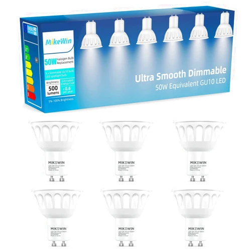 MikeWin GU10 LED Bulb Dimmable,5000K Natural Bright White GU10 Bulb Replacement for Track Lighting,500LM,5W(50W Equivalent) Light Bulb for Kitchen, Range Hood,Living Room,Bedroom,UL Listed-6Pack