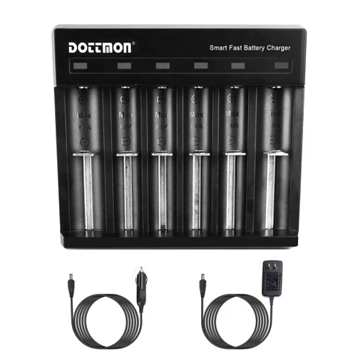 Dottmon Universal Intelligent Battery Charger LED 6-Slots with Car Adapter, Compatible with 1.2V, Type AAAA, AAA, AA, SC, C, D Ni-Mh Or Ni-Cd Rechargeable Batteries for Fast Charging