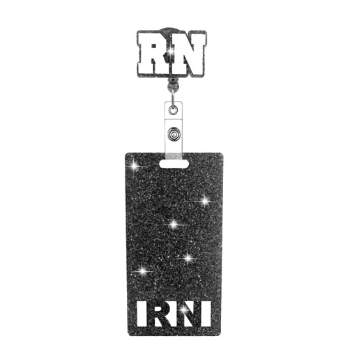 MillMB Registered Nurse RN Glitter Badge Reel with Badge Buddy Retractable Black Badge Holder with Belt Clip ID Badge for Nurse Heavy Duty Spill Proof & Tear Resistant Steel Wire Cord