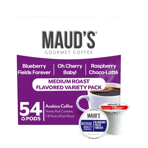 Maud's Blueberry, Cherry & Raspberry Chocolate Flavored Pods Bundle, 54 ct, Medium Roast Flavored Coffee in Recyclable Single Serve Pods – 100% Arabica Coffee, Compatible with Keurig K Cups Maker