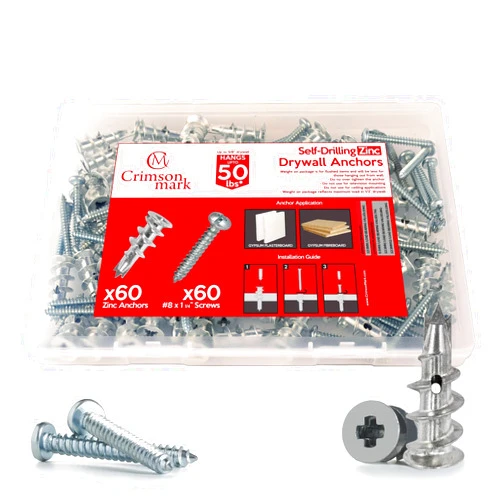 CrimsonMark 120Pcs Zinc Self Drilling Drywall Anchors and Screws kit #8 x 1-1/4”- Metal Wall Anchors for Drywall Heavy Duty, Holds Upto 50lbs – No Drill Hole Required with Dry Wall Screws and Anchors