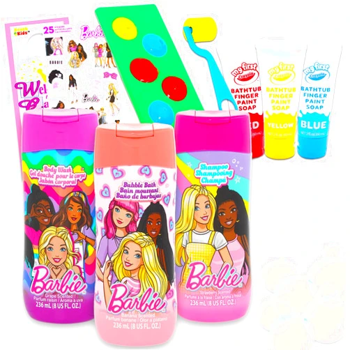 Barbie Ultimate Barbie Bathroom Set - Bundle with Shampoo, Body Wash, Bubble Bath, Bath Paint, Stickers, More | Barbie Bath and Shower Supplies Kit for Kids, Girls