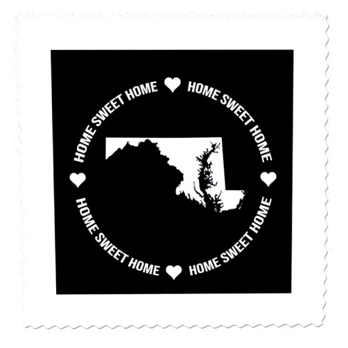 3dRose 16x16 inch Quilt Square - Maryland Inside a Circle of Home Sweet Home and Hearts on Black. Stamp City - Typography