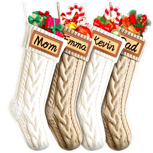 Dalzom® 4Pcs Personalized Christmas Stockings with Leather Patches Custom Name, 18” Premium Large Knitted Christmas Stockings for Kids, Family, Holiday and Fireplace Party Decoration