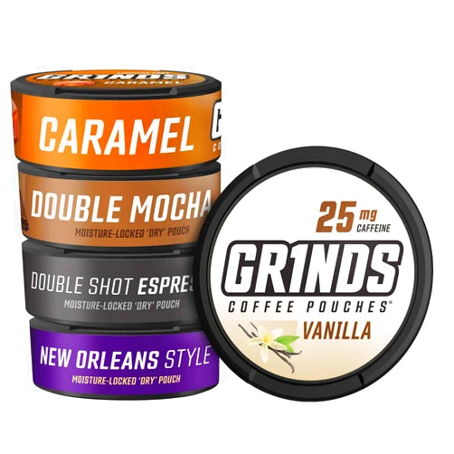 GRINDS Coffee Pouches | 5 Can Sampler | Double Shot Espresso, Vanilla, New Orleans, Double Mocha, Caramel | 1 Pouch eq. 1/4 Cup of Coffee