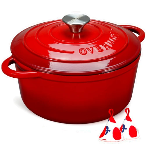 Overmont Enameled Cast Iron Dutch Oven - 7QT Pot with Lid Cookbook & Cotton Potholders - Heavy-Duty Cookware for Braising, Stews, Roasting, Bread Baking red