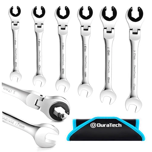 DURATECH 6-Piece Ratcheting Wrench Set with Open Flex-head, Metric Ratcheting Tubing Wrench Set, 10-17mm, 72-Tooth Gear, CR-V Steel, with Organizer Bag, Gifts for Men