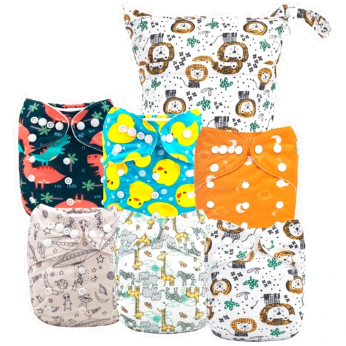 ALVABABY 6pcs Cloth Diaper Covers &1 Wet Dry Bag, Washable Reusable Cloth Diaper Shell for Prefold with Multi-Functional Bag, Flat or Fitted Diaper Inserts 6NKZ04