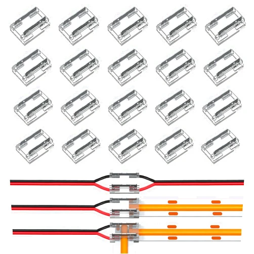 VISDOLL 20pcs COB LED Light Connectors 8mm 2Pin 9 in 1 LED Strip Connector, 9 Types Connection Methods Tape Light Connector, Transparent Solderless No Dark Area for IP20 COB & Some of SMD Light Strip