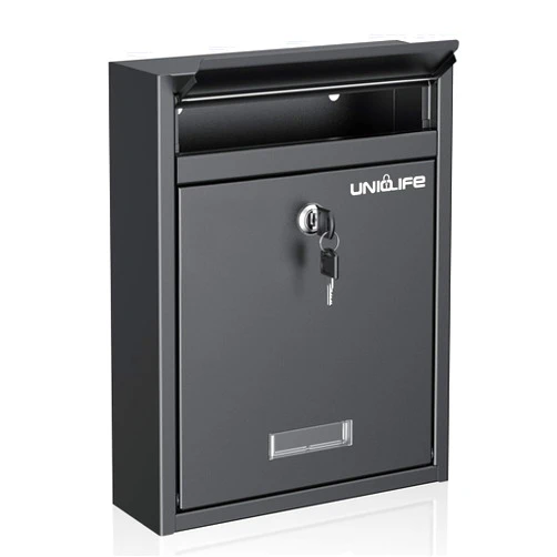 Uniclife Wall Mount Mailbox for Outside, Locking Mailbox, Large Mailbox with Key Lock, Security Mail Box for House, Safe Key Drop Box, Post Box, Steel Cash Drop Box for Home Office School, Black