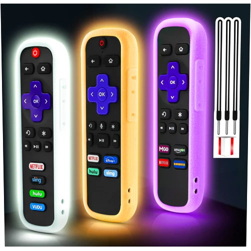 SOTATOO (3 Pack) Remote Cover for Roku, Remote Case Compatible with Roku Voice Remote Official, Silicone Universal Protective Controller Sleeve Glow in The Dark Purple Orange White with Lanyards