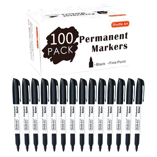 Shuttle Art Permanent Markers, 100 Pack Black Permanent Marker set,Fine Point, Works on Plastic,Wood,Stone,Metal and Glass for Doodling, Marking