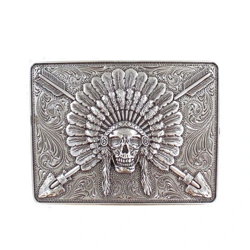 ARIAT BUCKLE ARIAT Silver Rectangle Buckle with Indian Chief Skull, Headdress, and Crossing Arrows Motif, 3-1/2