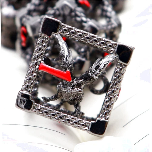 Haxtec Hollow Metal DND Dice Set 7PCs Flying Dragon Black Red D&D Dice Set with Leather Dice Bag for Dungeons and Dragons TTRPG Gift