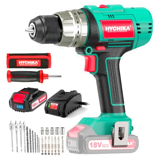 HYCHIKA BETTER TOOLS FOR BETTER LIFE Cordless Hammer Drill Driver 18V, HYCHIKA 400 In-lbs Torque Power Drill with Auxiliary Handle, 1/2” Metal Chuck, 2.0Ah Battery, 1H Fast Charger, 21+3 Clutch, LED Light for Drilling Wood Metal Wall