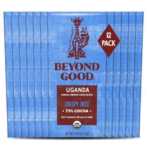 Beyond Good Chocolate Bars | Crispy Rice Dark Chocolate Bars, 12 Pack | Organic, Direct Trade, Vegan, Kosher, Non-GMO | Single Origin Uganda Dark Chocolate