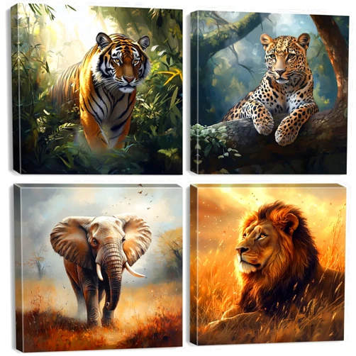 YOOOAHU Wild Animal Lion Wall Art Wildlife Safari Wall Decor for Nursery Vintage African Elephant Canvas Pictures Tiger Panther Posters Jungle Forest Animals Paintings Artwork Living Room Decoration 12x12