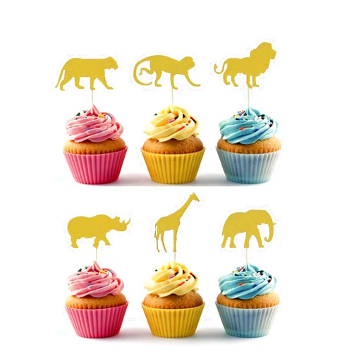Topfun 24 Counts Jungle Safari Animal Cupcake Toppers Elephant Lion Tiger Giraffe Rhino Monkey Gold Glitter Cake Picks for Baby Shower Kids Birthday Party Favors