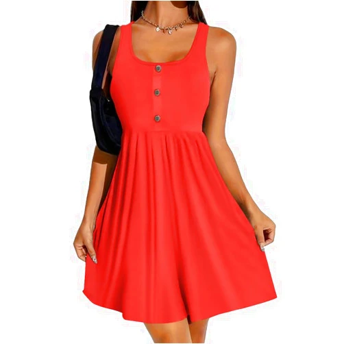 BeadChica Women's Summer Tank Dress Sleeveless Scoop Neck Button-Down Sundress Cute Ruffle Hem Swing Mini A-Line Dress