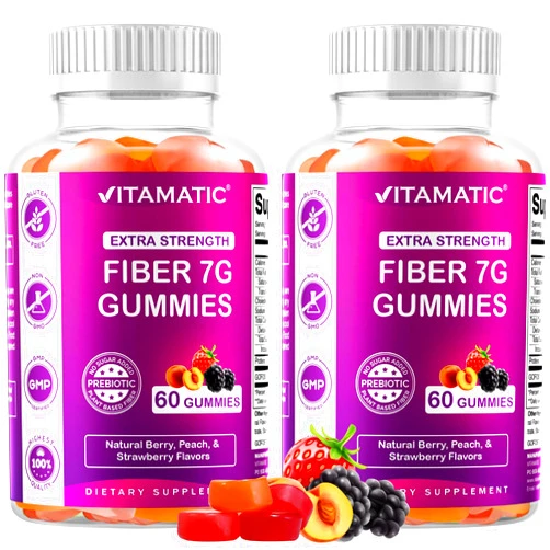 Vitamatic 2 Pack Prebiotic Fiber Gummies for Adults - 7G Fiber Extra Strength - Zero Sugar Added - 60 Pectin Based Gummies - Digestive Health & Regularity Support, (Total 120 Count)