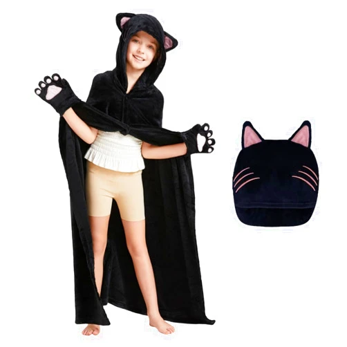 BirdNest Cat Costume for Girls,Black Cat Wearable Hooded Blanket for Kids,Animal Costume,Soft Plush Cat Blanket Wrap Cape Throw Cloak (Kid)