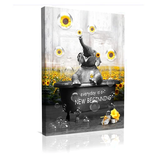 BOLDROLE Elephant Wall Art Farmhouse Bathroom Wall Decor Funny Animal Sunflower Elephant Bathing In The Bathtub Black And White Elephant Pictures Canvas Wall Art Framed Artwork For Bathroom Decor 12