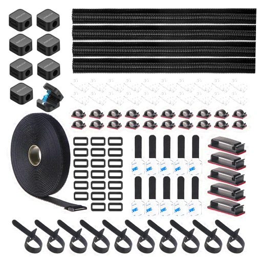 AORUICN 98 Pcs Cable Management Kit, Adhesive Cable Clips Cord Organizer, Cable Sleeve Split Sleeving, Under Desk Cord Holder Adjustable Fastening Cable Straps, for Computer,TV,Office,Car,Desk,Home